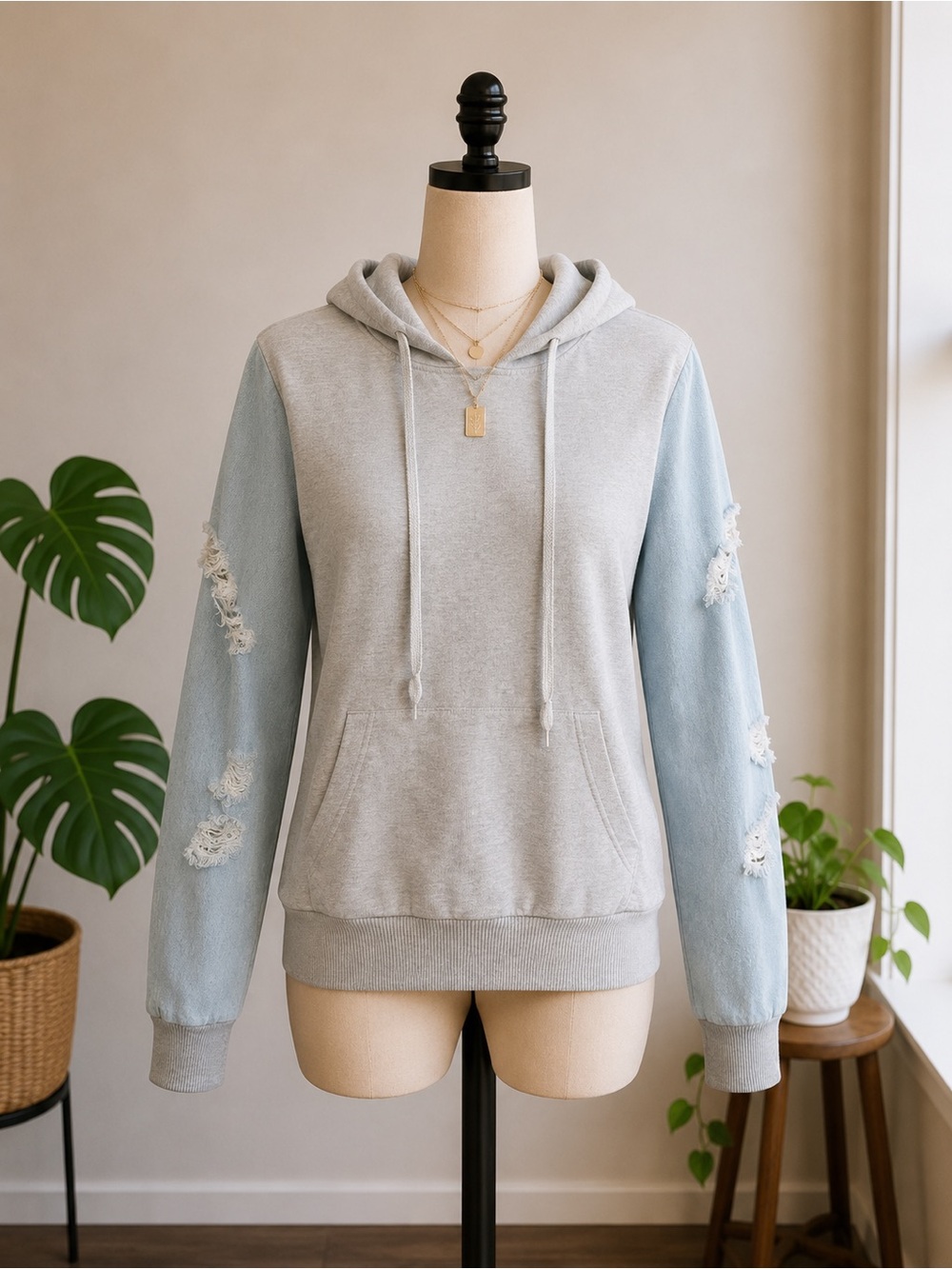 Thrill 94 Distressed Denim Sleeve Hoodie | Gray Pullover | Size Small